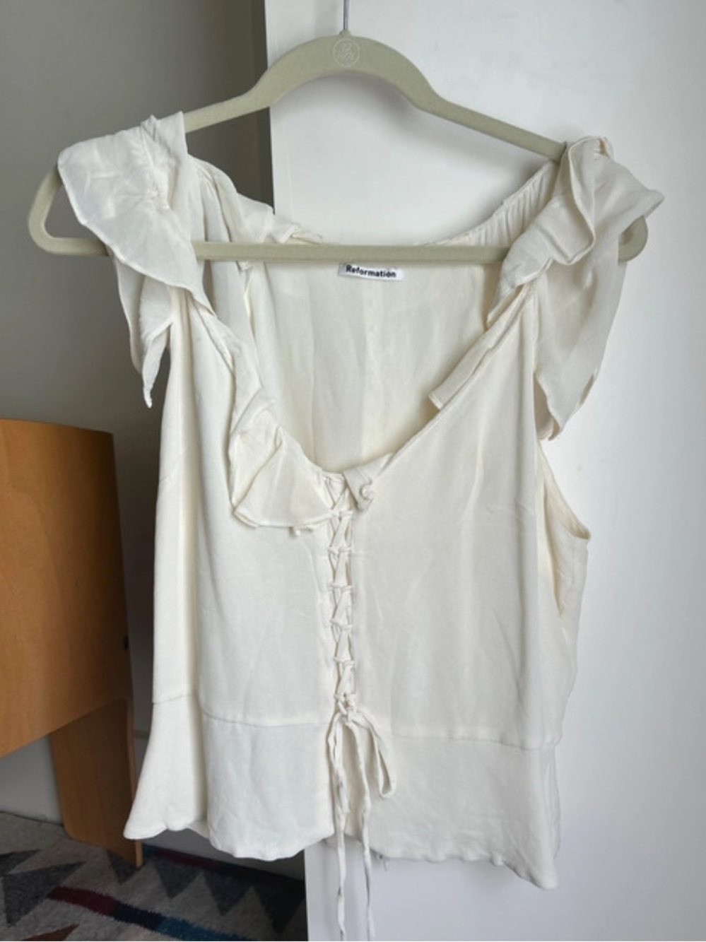 Reformation Ivory Lace-Up Ruffle Sleeve Tank